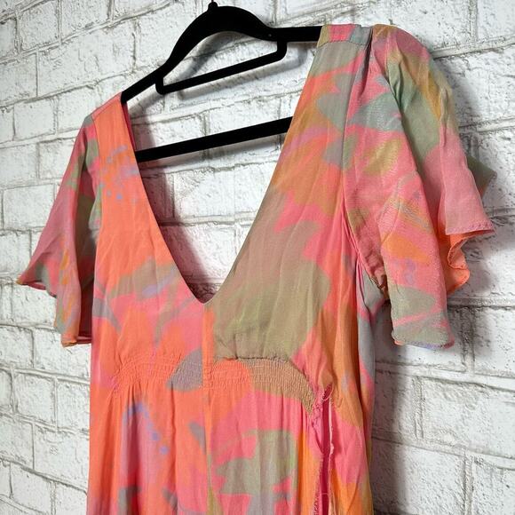 Veda Dress Corazon Maxi Multi Color Smocked Viscose Short Sleeve Pink Orange M - Picture 8 of 10